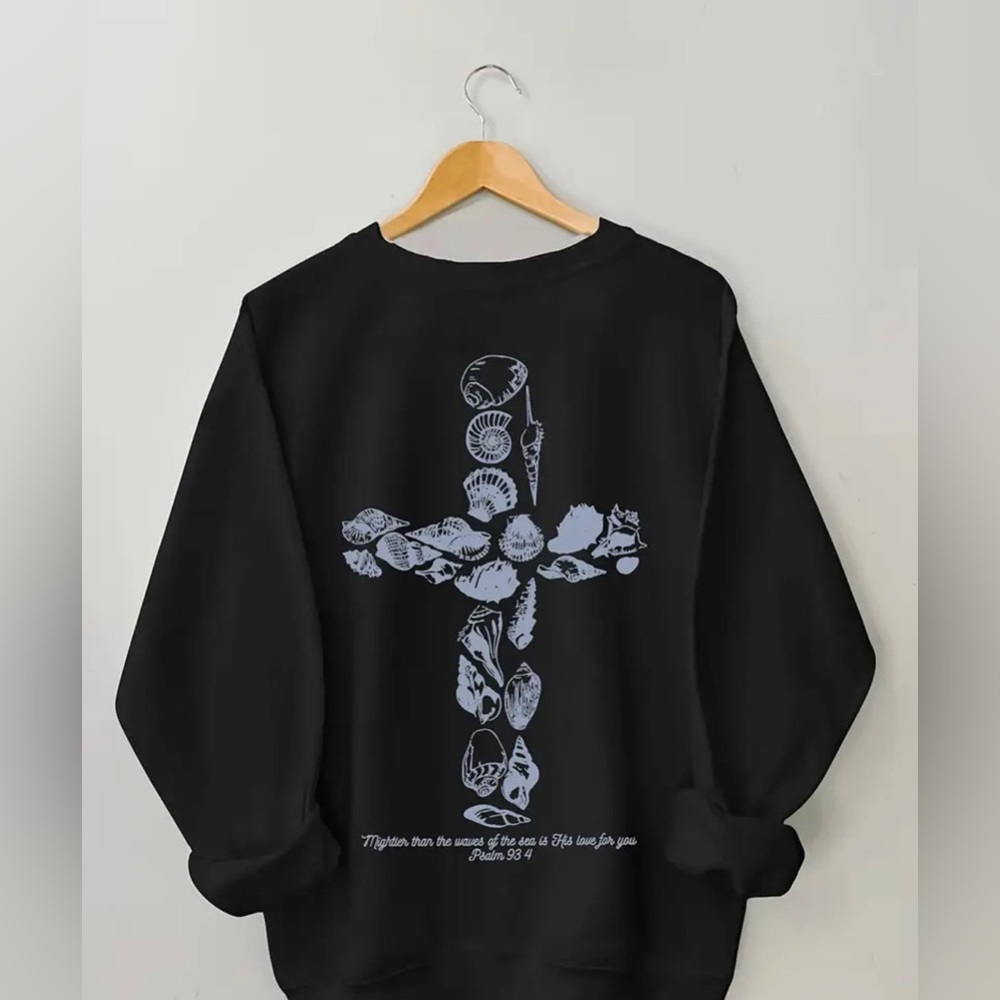 NIB Black Sweatshirt with Gray Purple Seashell Cross and Bible Verse Design